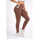 Calça Legging Push Up Canelada de Cintura Alta Sem Costura com Bolso Para Celular